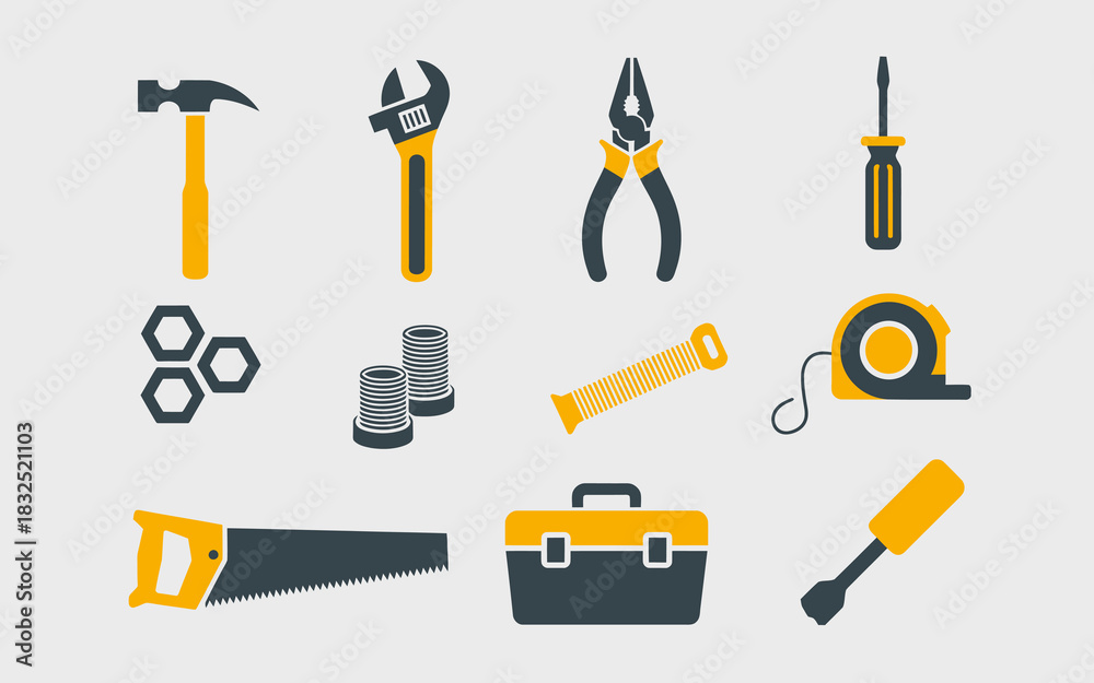 Naklejka premium Essential construction and repair tools set in flat design, featuring various hand instruments and hardware icons.