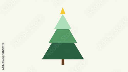 A minimalist geometric christmas tree illustration with layered green triangles and a yellow star on a plain cream background
