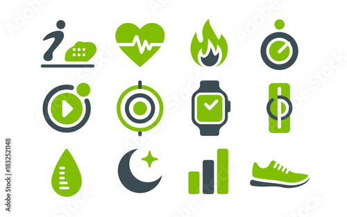 Health and fitness tracking icons set, featuring symbols for workout, nutrition, sleep, activity, data, and overall wellness.