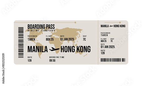Airline Company Boarding Pass with Airplane Icon Flight from Manila to Hong Kong