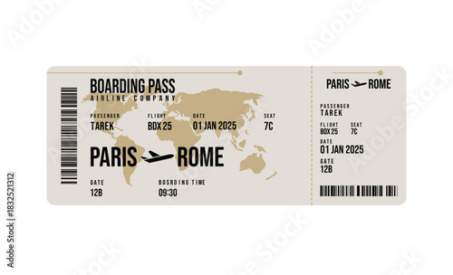 Beige Airline Ticket Boarding Pass with World Map, Paris to Rome Destination
