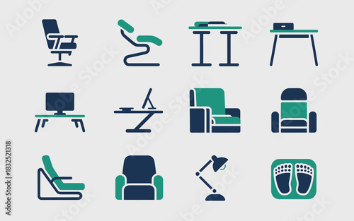 Modern furniture and office equipment vector icons set: ergonomic desk chairs, tables, sofas, seating, home elements, and lamps.
