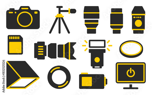 Comprehensive set of professional photography gear icons featuring camera, lenses, tripod, flash, battery, and accessories on white