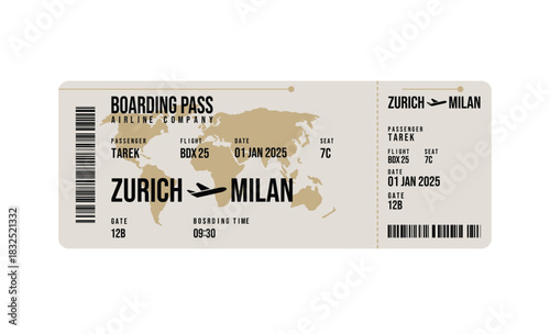 Boarding Pass Ticket from Zurich to Milan with Flight Details on Beige Background