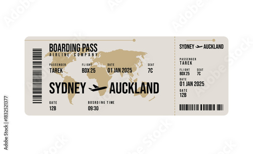 Beige Boarding Pass With Map Detail From Sydney To Auckland Design