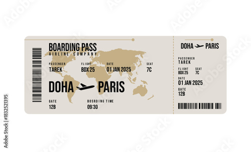 Beige Boarding Pass with World Map, Flight Details Doha to Paris Isolated on White