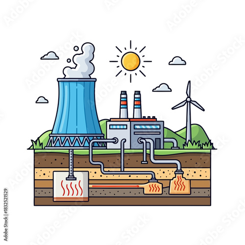 Modern energy scene showcasing geothermal power plants, wind turbines, and clean electricity, ideal for sustainable technology and green energy promotions