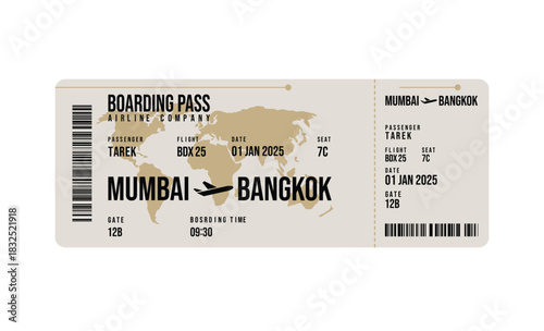 Detailed Boarding Pass with World Map from Mumbai to Bangkok on White Background
