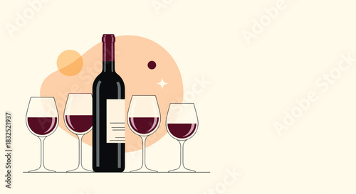Modern flat vector illustration of a red wine bottle and four glasses ready for a tasting event, with ample copy space for text.