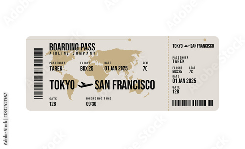 Modern Beige Boarding Pass Isolated with Flight Details Tokyo to San Francisco