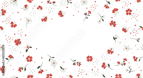 Ditsy floral pattern background with scattered small red and white flowers creating a beautiful frame with central copy space.