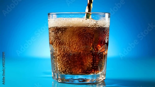 Wallpaper Mural Fizzy Cola Soda Cold Beverage Drink Pouring into a Faceted Glass, Set Against a Colored Blue Background, Vibrant and Refreshing. Torontodigital.ca