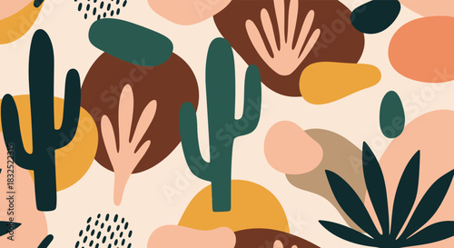 Modern seamless pattern with abstract shapes and hand-drawn cacti in a trendy terracotta and green bohemian color palette.