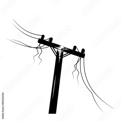 Damaged power pole after a storm, symbolizing disruption and infrastructure failure in a bold, stark style, conveying raw power, perfect for disaster recovery
