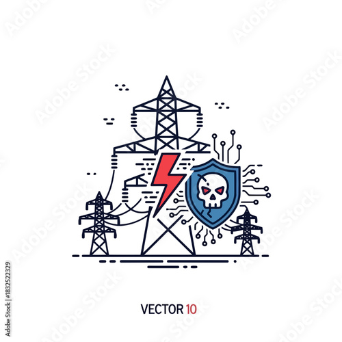 Cybersecurity protection for power grids with digital shield and lightning bolt, guarding against cyber attacks, designed for critical infrastructure
