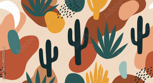 Trendy seamless pattern featuring hand-drawn cacti, succulents, and abstract shapes in a warm, earthy bohemian color palette.
