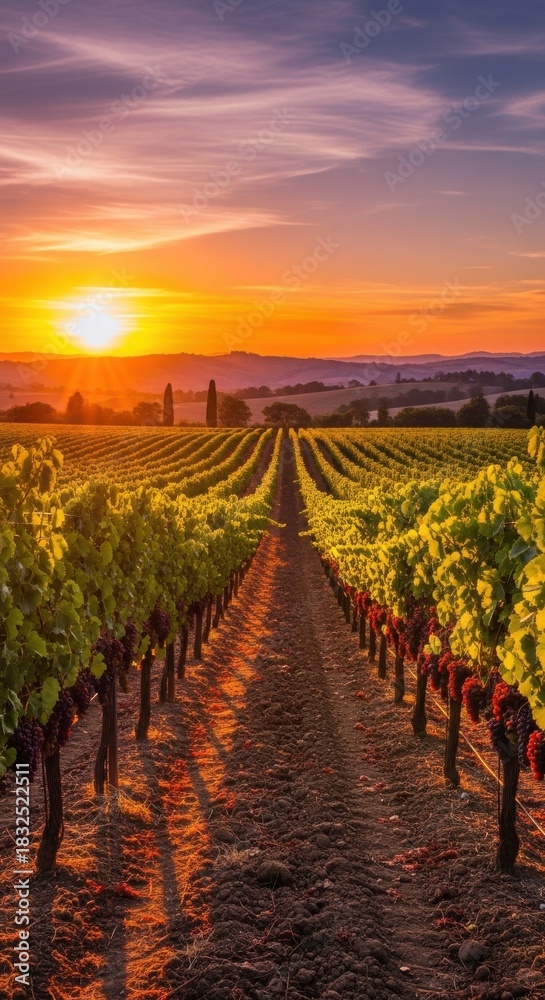 Fototapeta premium Tuscan vineyard at sunset with rolling hills