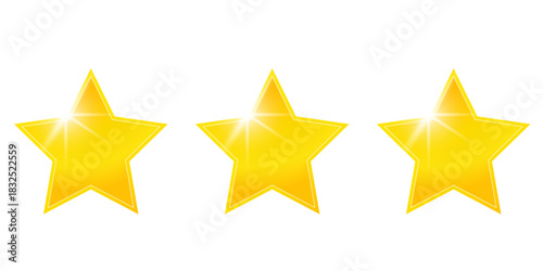 Three gold star rating icons isolated. Glossy golden stars clipart for reviews. Customer product rating symbol. 3D shiny five-point stars. PNG with transparent background look. Flat lay style. Clippin