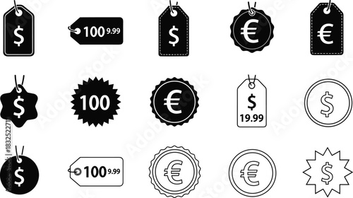 Price tag icon collection, currency and value symbols, retail and e-commerce graphics, dollar and euro tags, black vector set