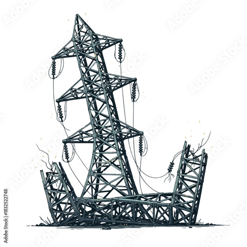 Damaged power line tower after storm, symbolizing infrastructure failure and impact of severe weather, suitable for news, reports, and illustrations