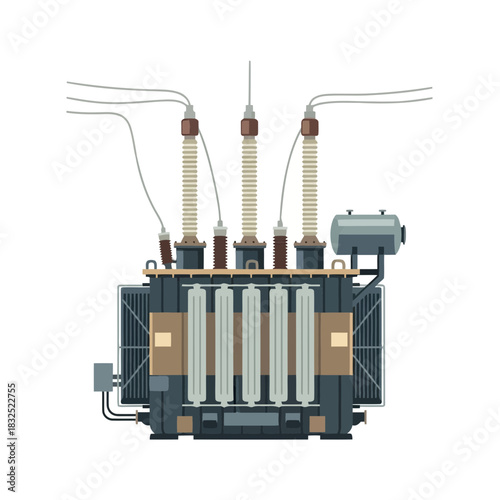 Detailed electrical power transformer illustration, showcasing industrial machinery and energy infrastructure for engineering and utility projects