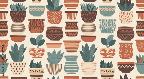 Seamless pattern of various houseplants in stylish, decorative ceramic pots, creating a cozy and trendy bohemian background.