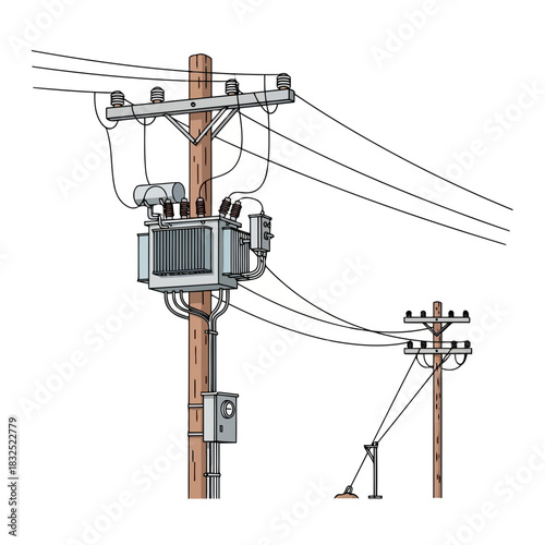 Power grid illustration showcasing electrical distribution, electricity pylons, and power lines in a clear, informative style, originally designed as scalable vector art