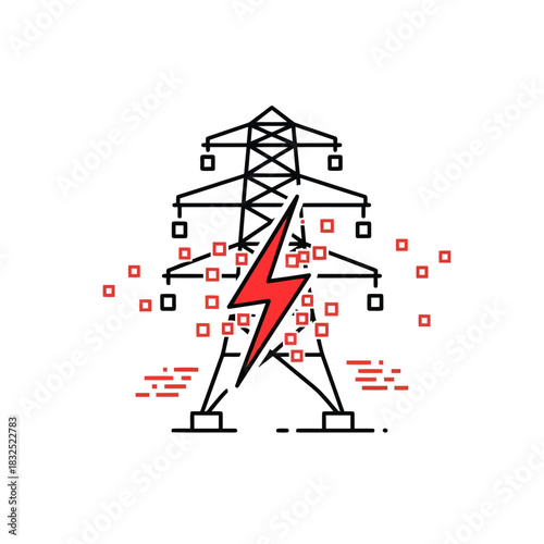 Modern electricity transmission tower with striking lightning bolt, symbolizing power and energy solutions for a sustainable future, originally a scalable vector graphic