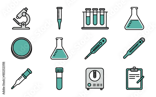 Collection of scientific laboratory equipment icons including a microscope petri dish flasks test tubes pipettes thermometers and a clipboard for research and medical illustration