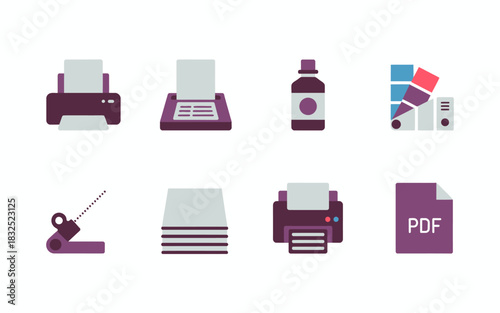 Collection of flat design vector icons representing office and printing equipment including printers paper scissors ink bottle color swatches and pdf document for graphic design and business concepts