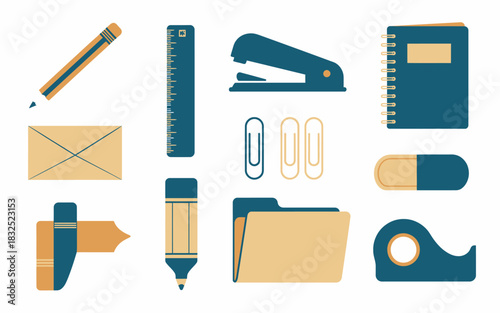 Collection of essential office and school supplies including a pencil ruler stapler notebook envelope paper clips eraser marker file folder and tape dispenser presented in a clean flat design style