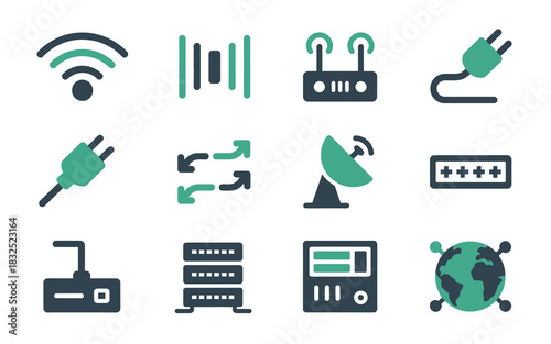 Collection of twelve modern flat design icons representing various aspects of digital communication technology internet connectivity and network infrastructure