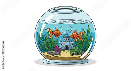 Cute cartoon illustration of two goldfish swimming in a round fishbowl with a small castle, seaweed, and rocks inside.