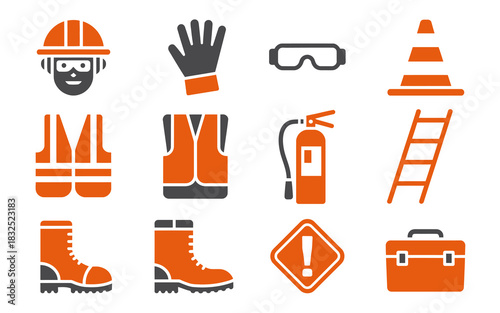 Collection of safety equipment icons for construction and industrial work including helmet gloves goggles fire extinguisher ladder vest boots and toolbox for accident prevention