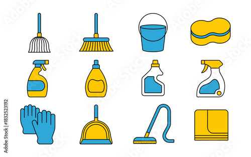 Collection of cartoon style cleaning supplies and tools including brooms buckets sponges spray bottles gloves dustpan vacuum cleaner and towel for household chores and hygiene concepts