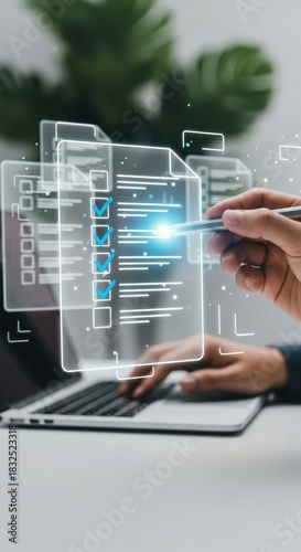 Digital checklist completion with pen and laptop