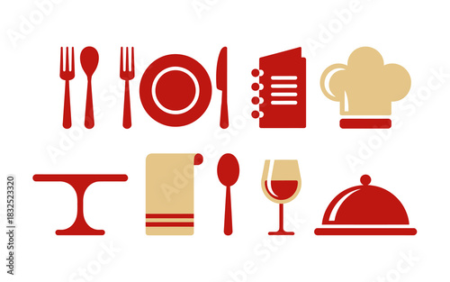 Collection of restaurant and dining icons including cutlery plate wine glass chef hat table napkin and covered dish symbolizing food service and hospitality