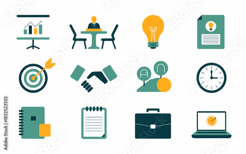 Collection of business and finance icons representing concepts like strategy teamwork innovation goals meetings time and success in a modern flat design style