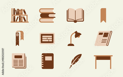 Collection of vintage school and office supplies including pens books bookmarks a lamp newspaper calculator notebook quill pen and desk