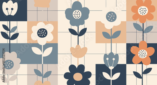 Seamless pattern with stylized geometric flowers on a checkered grid background in a retro, muted blue and orange color palette.