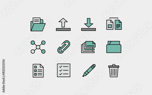 Collection of hand drawn style icons representing digital files documents folders upload download and organization tools for business and technology concepts