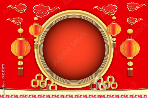 Chinese New Year greeting banner with circle for displaying merchandise, greeting card, Chinese photo frame with lantern on bright and auspicious red background.
