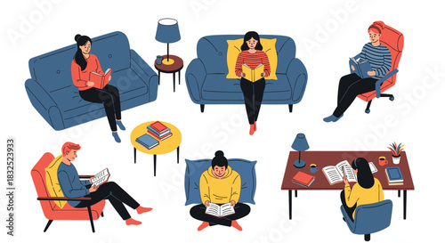 Set of diverse people enjoying reading books in various comfortable settings, such as on a sofa, in a chair, and in bed.