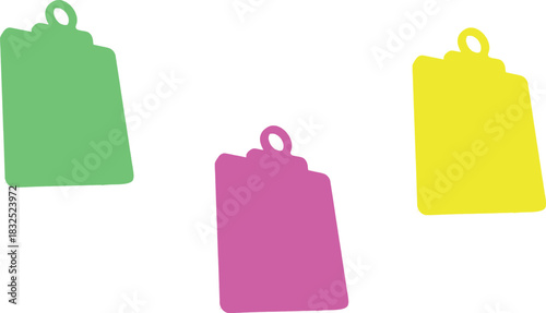 The image you described features three colorful tags arranged against a clean white background, which enhances their visibility