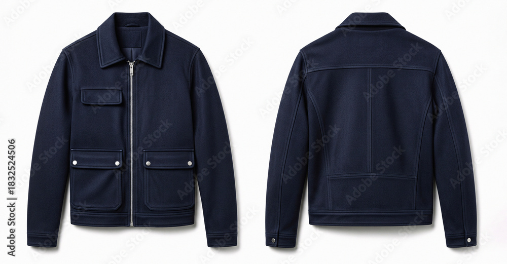 Naklejka premium Navy Blue Men's Casual Zip-Up Jacket with Pockets, Front and Back Views Isolated on White