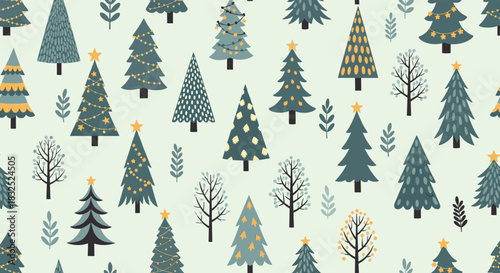 Seamless winter pattern with a variety of stylized Christmas trees in a modern, Scandinavian design on a light green background.