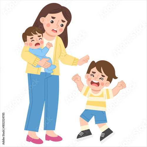 Illustration of Frustrated Mother with Crying Children