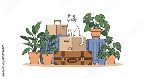 Adorable white cat sitting happily on a pile of luggage, moving boxes, and houseplants, ready for travel or a new home.