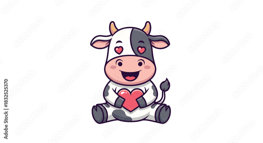 Naklejka premium A cute cartoon baby cow sitting and holding a red heart, with heart-shaped eyes expressing love, for Valentine's Day designs.