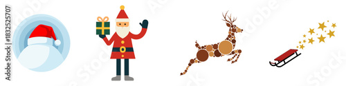 Vector set of festive winter images: Christmas elements including Santa Claus, a Santa hat lying on a snowdrift, a stylized reindeer made of different shaped circles, and a sleigh leaving a trail of s